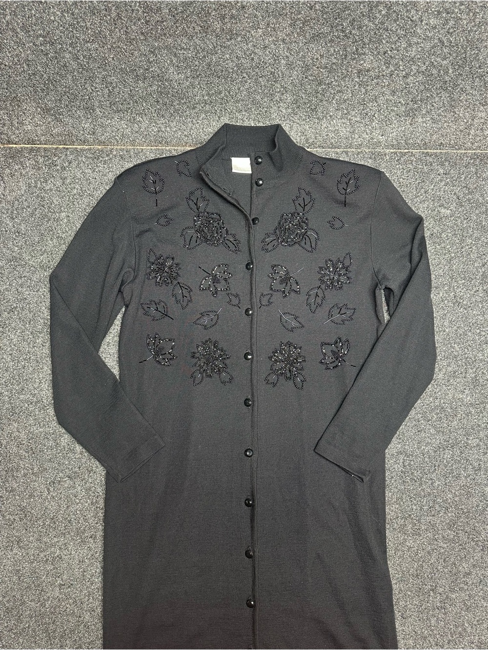 Vintage Black Wool Beaded Sweater Dress Mock Collar Goth Duster Cardigan